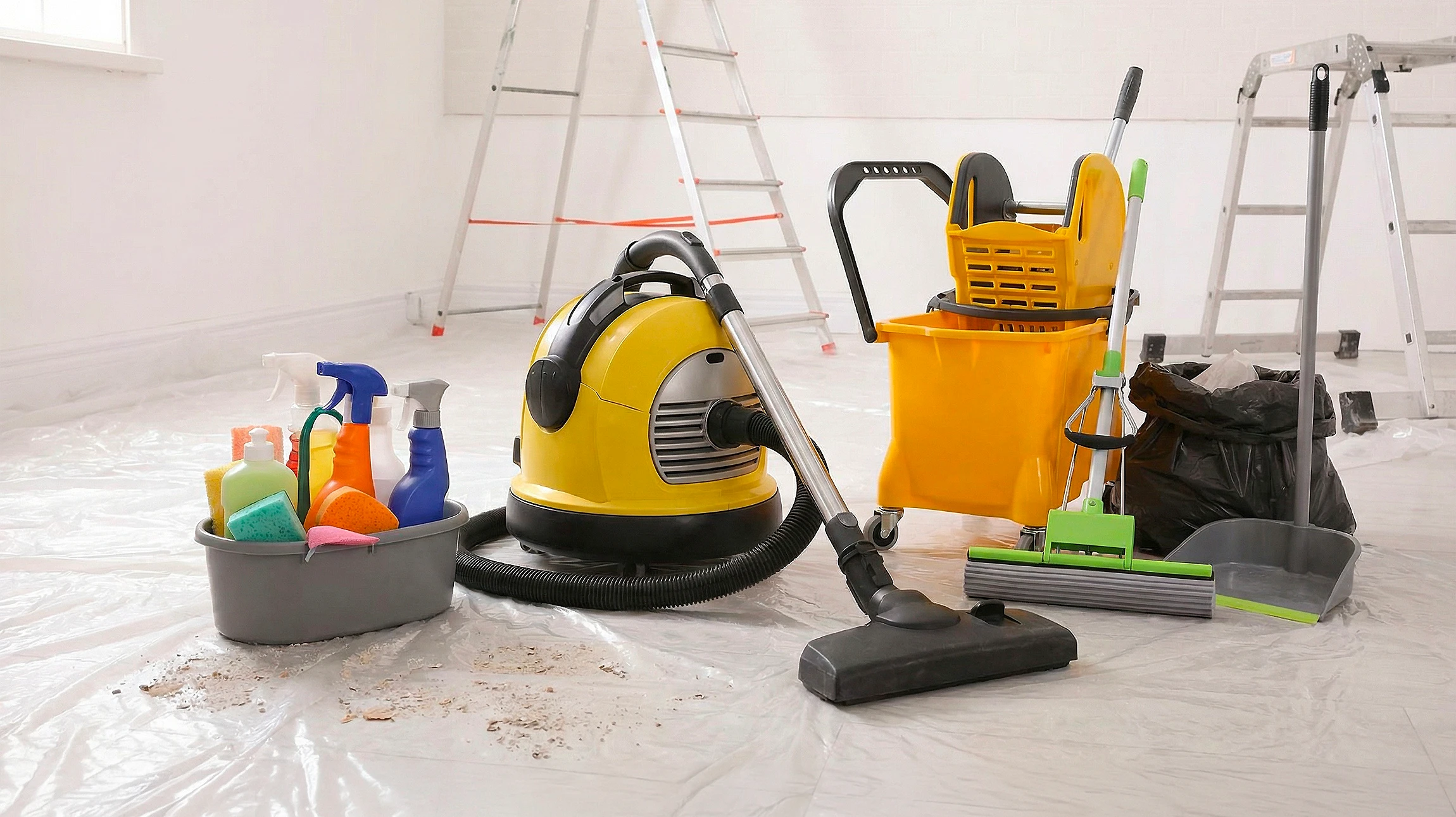 Espace de travail de bureau avec produits de nettoyage professionnel disposés sur un plan de travail blanc