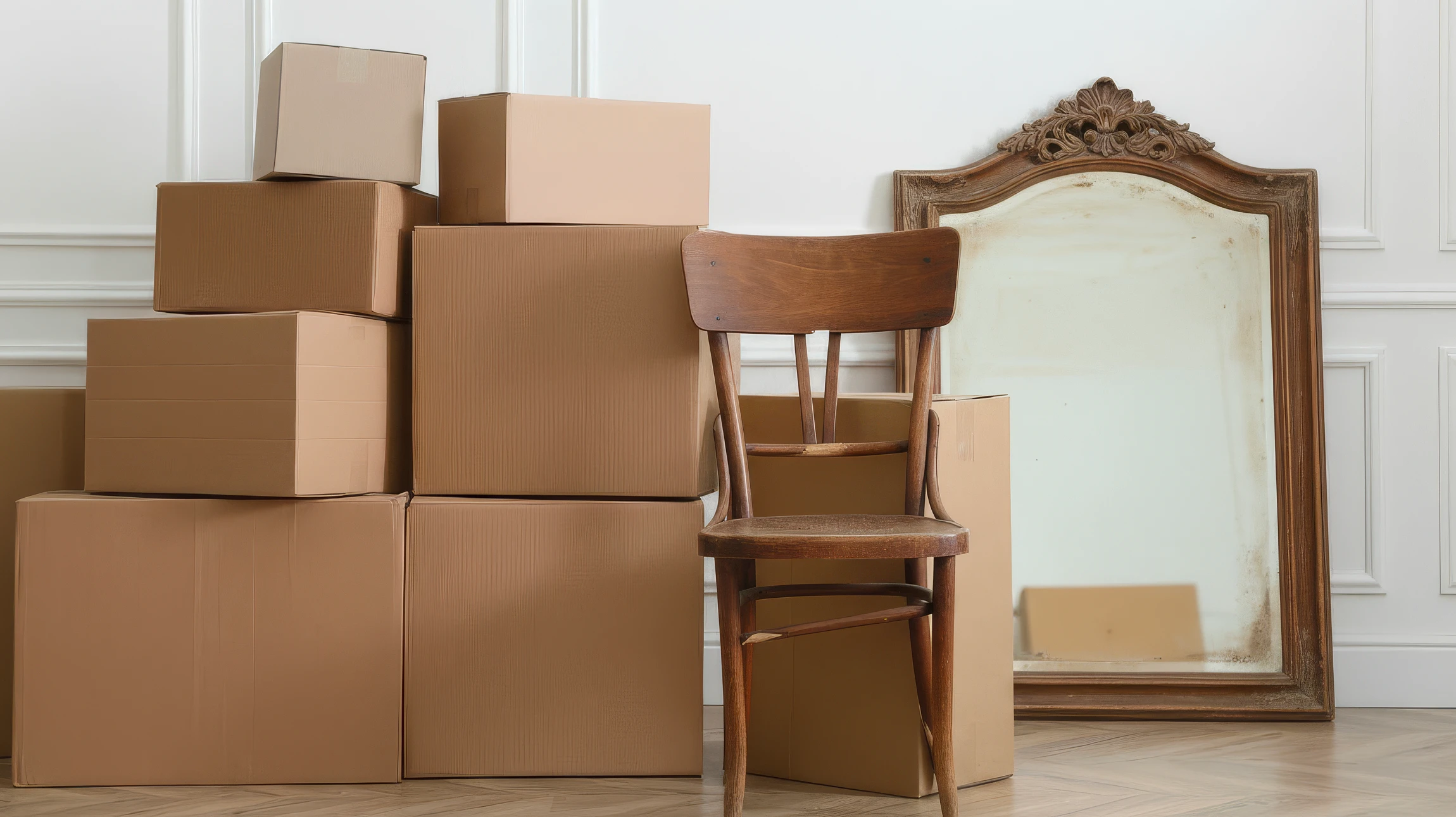 Un livreur souriant en chemise grise pousse un diable chargé de colis beiges dans un environnement urbain avec camions de livraison en arrière-plan