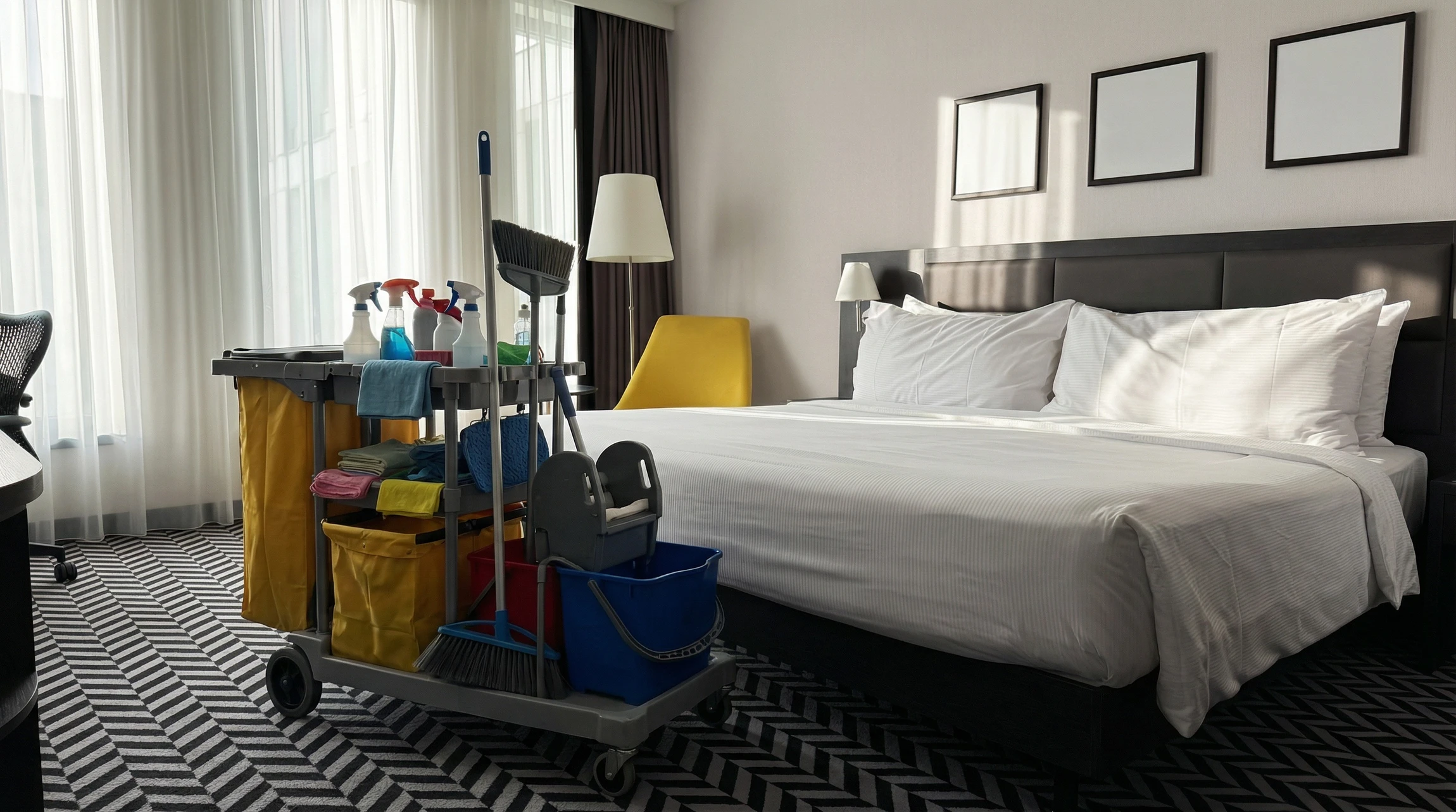 Maid holding fresh towels with flowers in hotel room, closeup