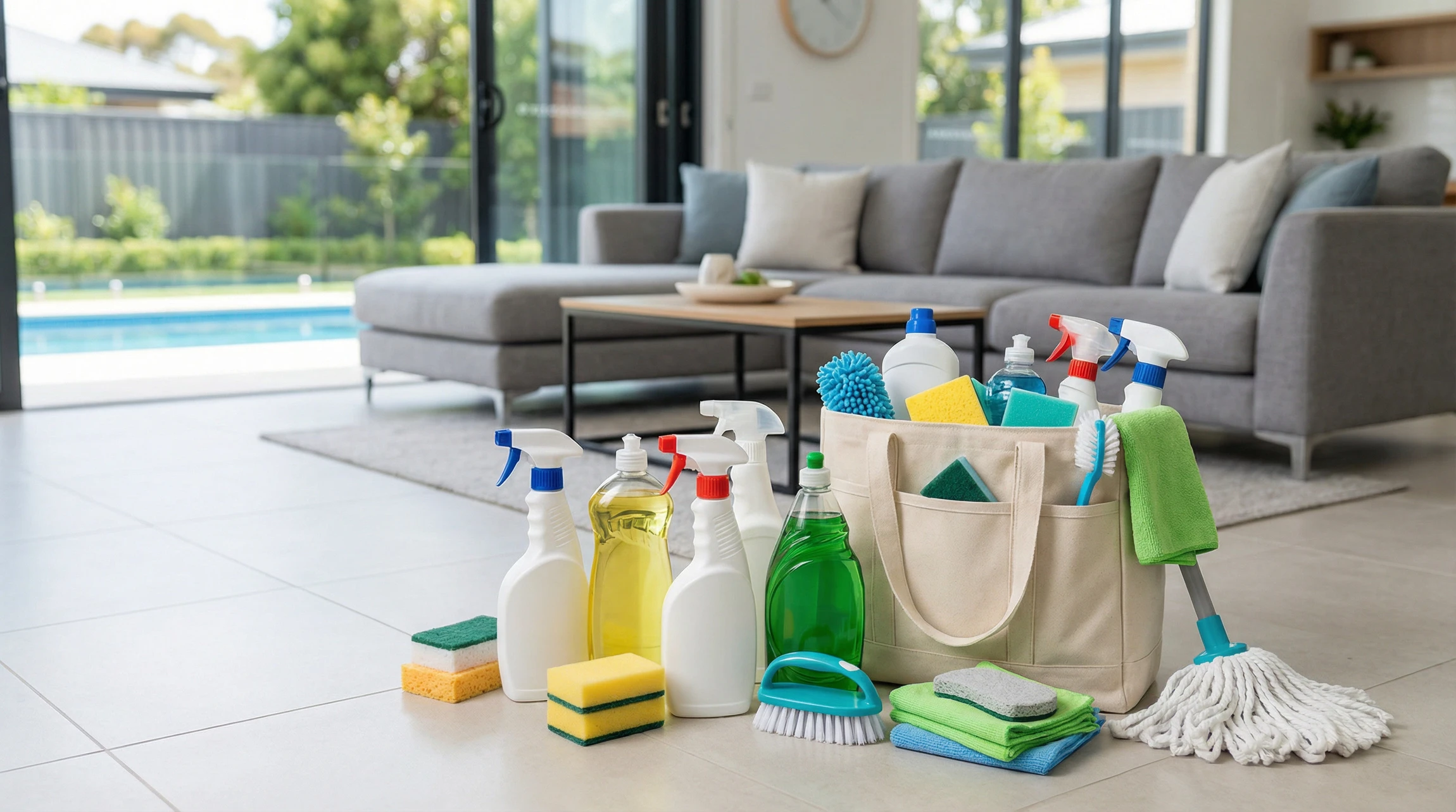 Femme en tenue de nettoyage professionnelle désinfecte un bureau moderne avec spray et chiffon, portant masque FFP2 et gants jaunes